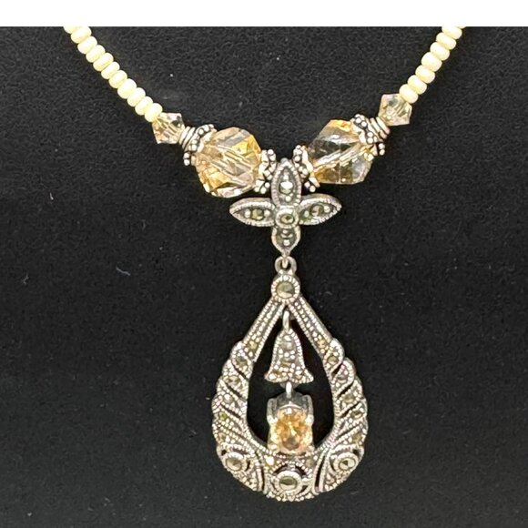 Vintage Sterling Silver Marcasite & Citrine Teardrop Pendant Necklace Gemsone 17 - Picture 1 of 8